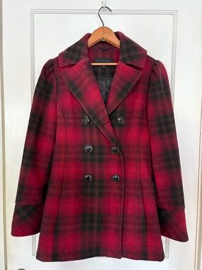 Steve Madden Red and Black Plaid Double-Breasted Peacoat